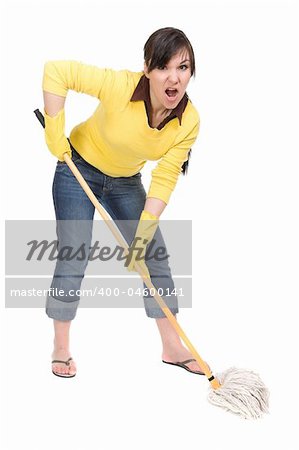 attractive brunette woman doing housework