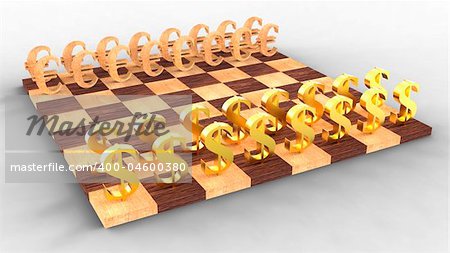 3D golden dollar symbols against wooden euro symbols on the chess board