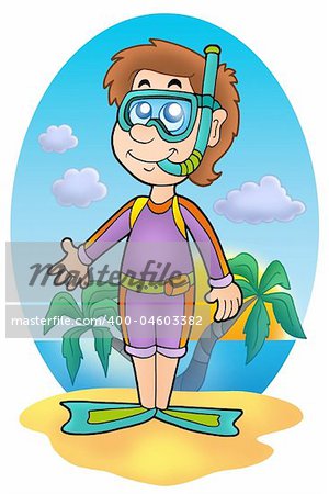 Snorkel diver on beach - color illustration.