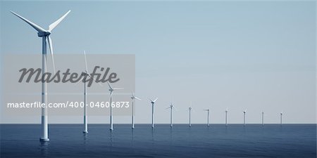 3d rendering of windturbines on the ocean