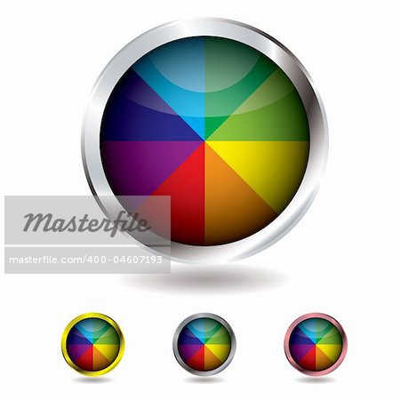 Brightly colored beach ball button with metal bevel and shadow