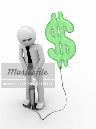 3d rendered copyspaced image with a man pumping a dollar sign using a foot pump; dollar is a baloon pumped by businessmen, bankers and financials