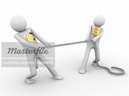 tug-of-war among dollar and euro; 3d rendered copyspaced image with a two men