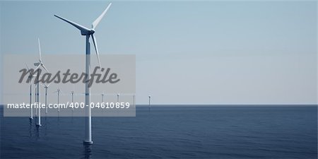 3d rendering of windturbines on the ocean