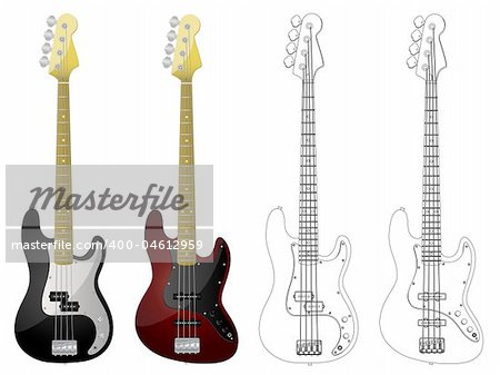 Vector isolated image of bass guitars on white background.
