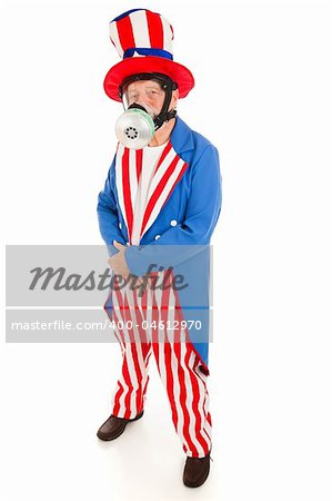 American icon Uncle Sam wearing a gas mask.  Full body isolated.