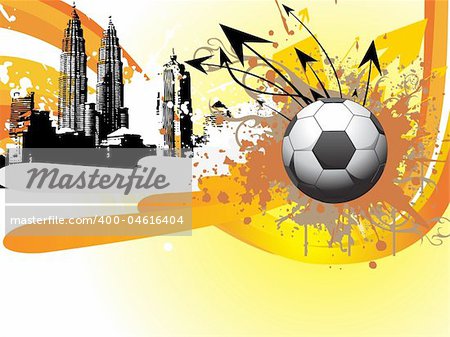 skyscraper background with grungy soccer ball and arrows