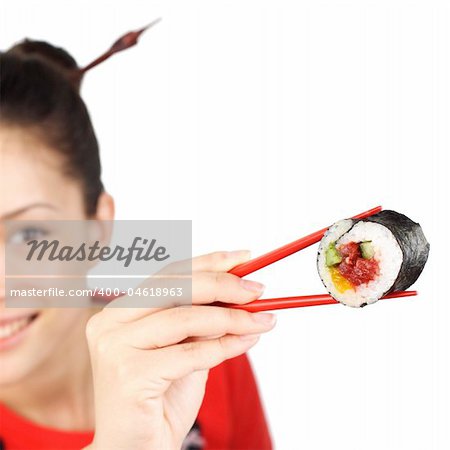 Pretty young woman with sushi. Shallow depth of field, focus on sushi. Isolated on white.