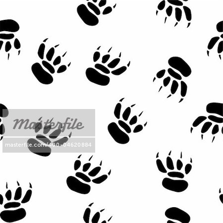 Abstract pawprint background. Seamless. Black-and-white palette. Vector illustration.