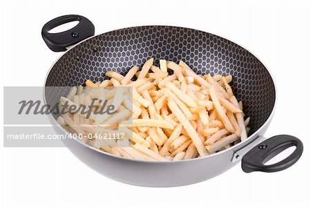 Fried potatoes in Teflon pan on white