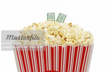 Two admission stubs on top of a bucket of popcorn.