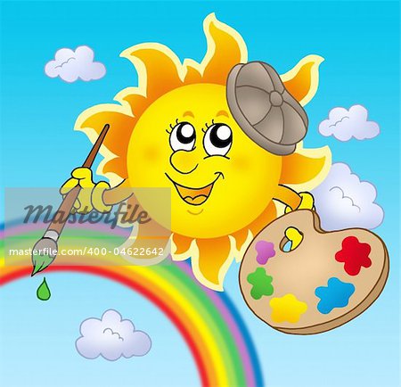 Sun artist with rainbow - color illustration.