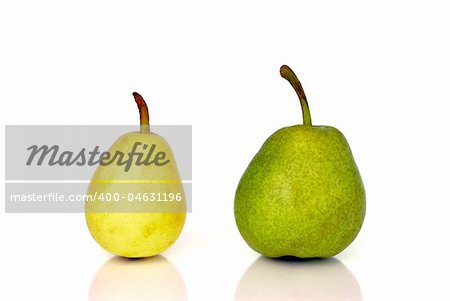 Green and yellow pears before white background.