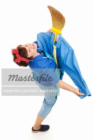 Lonely housekeeper has dressed her broom like a man and is dancing with it.  Full body isolated.