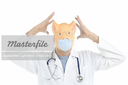 Doctor with pig mask as a swine flu metaphor, isolated on white