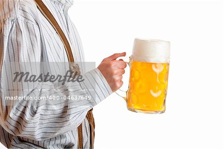 Closeup of a Bavarian man holding an Oktoberfest beer stein