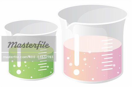 Laboratory glasses filles with green  and pink liquid