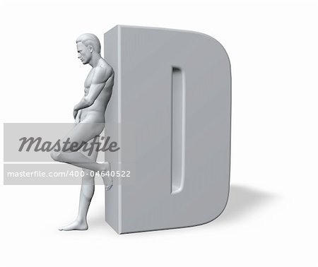 man leans on uppercase letter D - 3d illustration