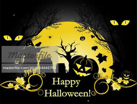 Halloween illustration background with moon, trees and pumpkin