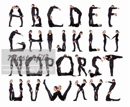 Group of black dressed people forming the alphabet. Group of black dressed people forming the alphabet.