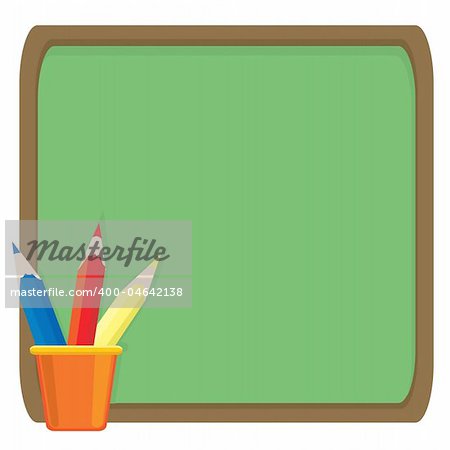 Blackboard and cup full of colored pencils. Vector illustration