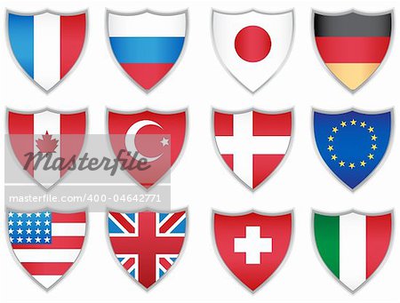 Set of 12 shields representing flags of 12 different countries.