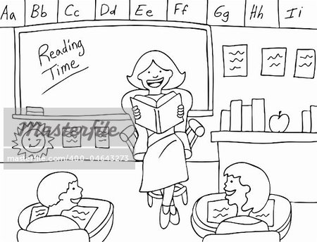 Female teacher gives a lecture to her elementary class on basic math in the classroom - black and white version.