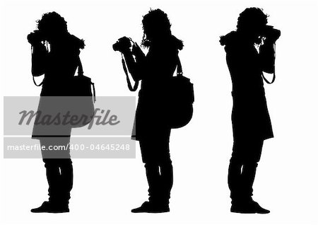 Vector drawing a girl with a camera. Silhouette on white background