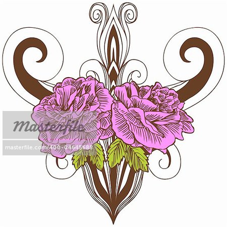 Hand drawn image of a pink rose in a double pattern with decorative background.