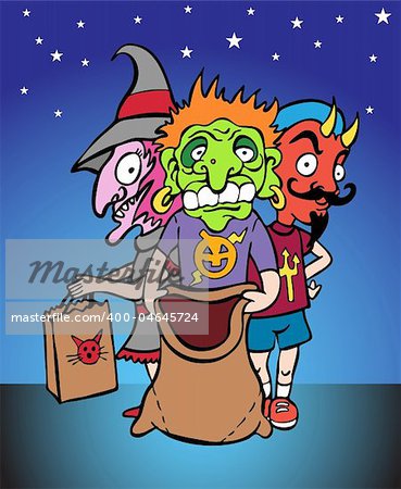 Three kids in costume dressed as a witch, monster and devil for Halloween - trick or treat.