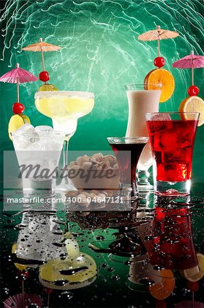 Margarita, Fizz, coffee liquor, cosmopolitan on the rocks and Colada with pistachio