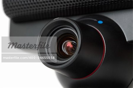Black plastic web camera with microphone isolated over white background