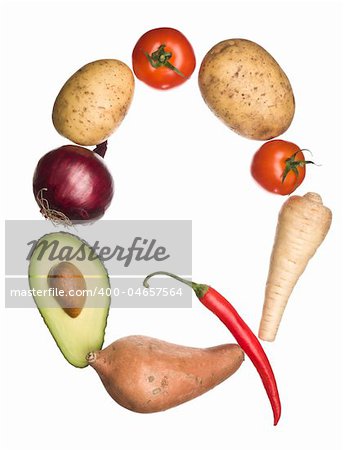 The letter 'Q' made out of vegetables isolated on a white background
