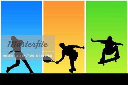 Black silhouettes of different sportsmen on a colour background