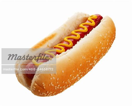 An old-fashioned hot dog with mustard, on a sesame seed bun.  Shot on white background.