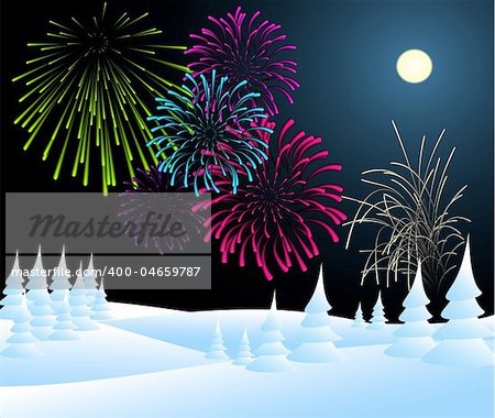 Winter christmas landscape in night with fireworks