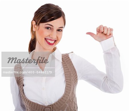 Beautiful young model raising her hand up and pointing at her on a white isolated background