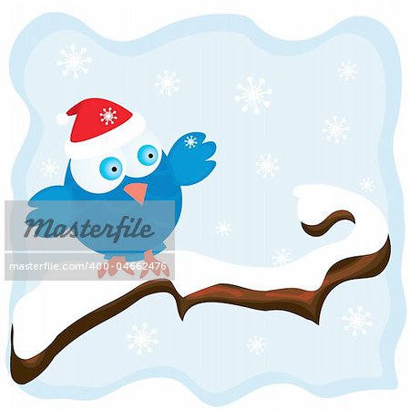 Winter image with cartoon blue bird wearing a red christmas hat and snowfall background. Vector illustration.