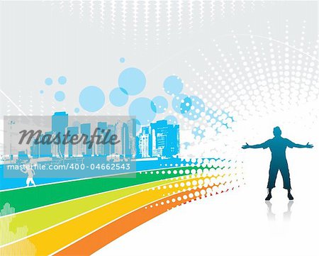 man raising his hands with rainbow wave background, vector illustration