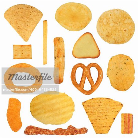 Junk food  snack selection, isolated over white background.