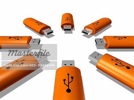 3D orange USB keys isolated on white background