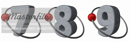 red ball fly around the numbers seven, eight and nine - 3d illustration