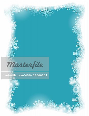 a Christmas card with snowflakes framing a blue background with a lot of copy space, made in illustrator cs4