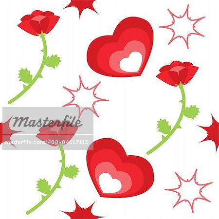 Seamless pattern with hearts, roses and stars. Vector illustration