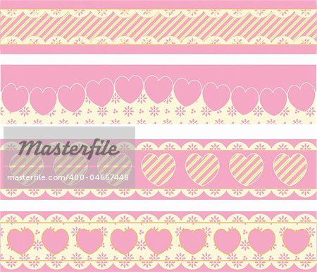 Four vector borders with Victorian eyelet hearts and stripes in pink, gold & ecru.
