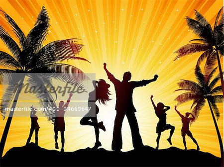 Silhouettes of people dancing on a tropical background