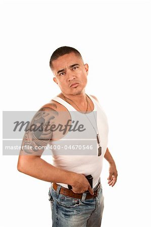 Hispanic man with gun tucked in his belt
