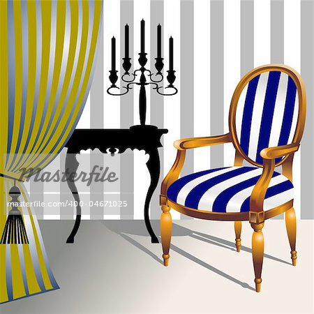 Interior scene with armchairs and chandelier, full scalable vector graphic included Eps v8 and 300 dpi JPG.