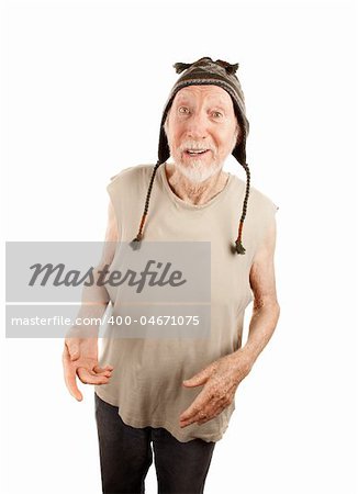 Crazy senior man in ragged t-shirt and knit cap