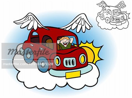 Cartoon of a flying car with wings floating above the clouds.